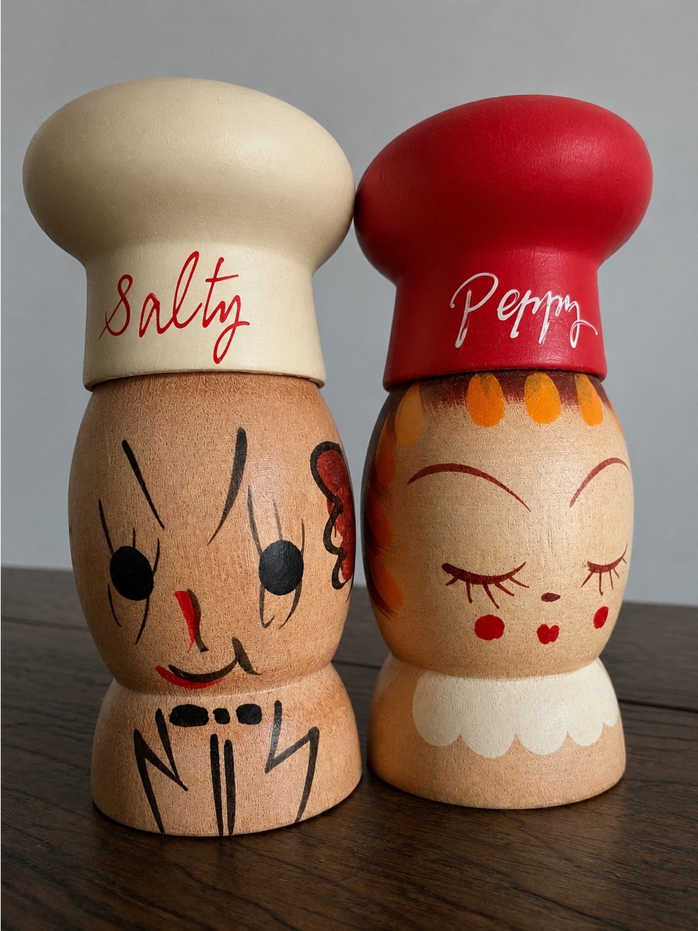 Vintage Japan 5" Salty & Peppy Wooden Salt and Pepper Shakers Set Screw on Tops